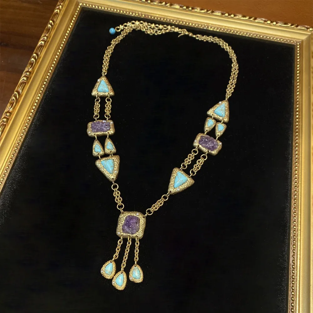 

Medium copper plated 18K vintage gold with amethyst and turquoise pendant necklace for women jewlry whosale