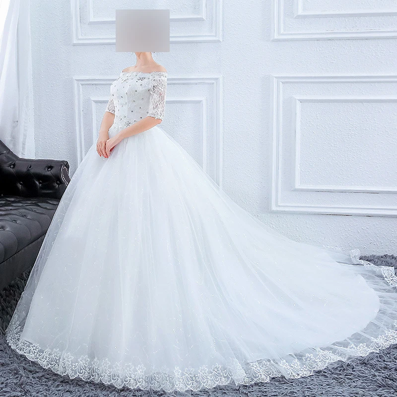 Customized White Ball Gown Court Train Women Wedding Dresses Half Sleeves Bridal Gowns Formal Vestido De Noiva Robe Mariage