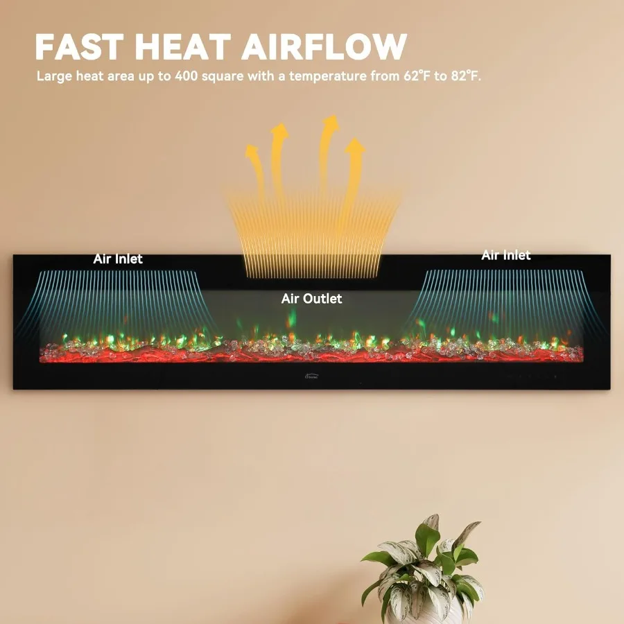 Camino elettrico da 72 pollici Camino LED da parete e da incasso con telecomando Temporizzatore da 8 ore 12 impostazioni di fiamma Touch screen