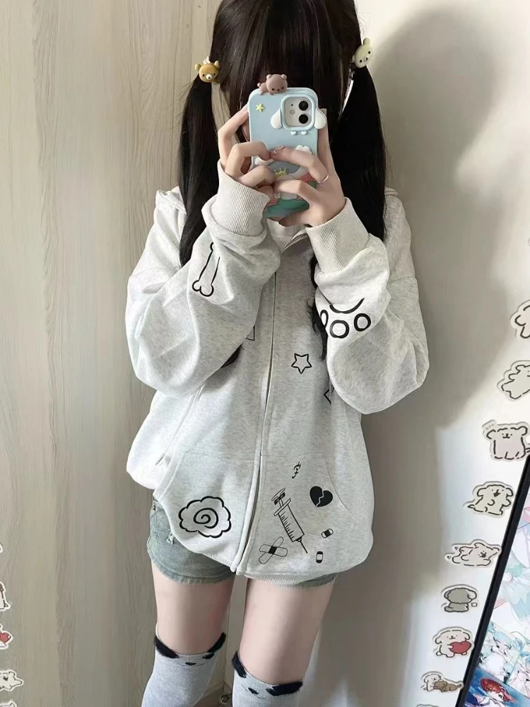 Y2k All Match Preppt Style Zipper Sweatshirts Coats Harajuku Subcultural High Street Punk Commuter Zipper Clothes Casual Hoodies
