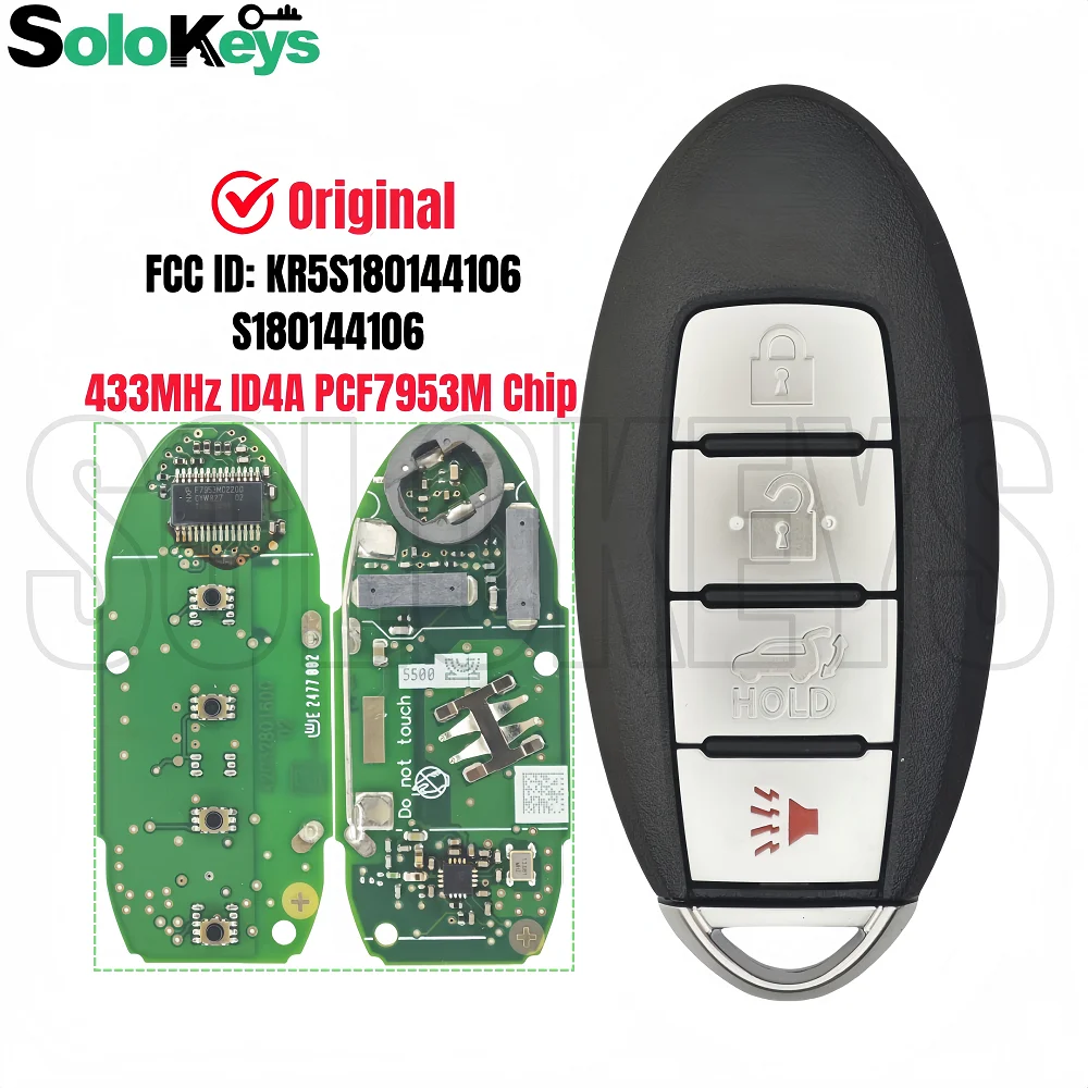 

SOLOKEYS FCC ID: KR5S180144106 S180144106 For Nissan Rogue X-Trail 2014-2021 Original Smart Remote Key 433MHz ID4A PCF7953M Chip