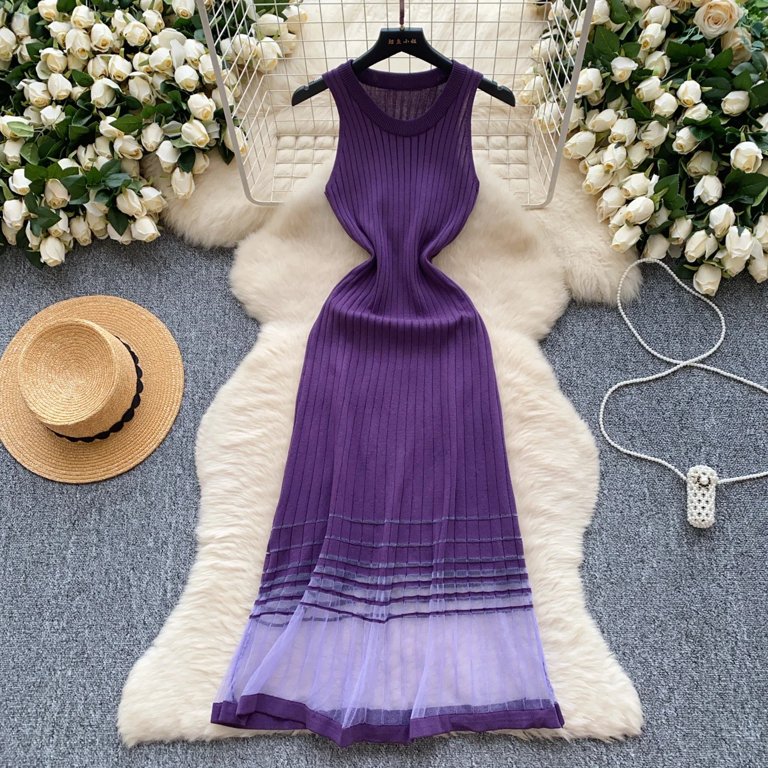 REALEFT ฤดูร้อนตาข่าย Patchwork ผู้หญิงถักชุด 2025 แขนกุด O-คอลําลองหลวมเสื้อ A-Line ชุดยาวหญิง