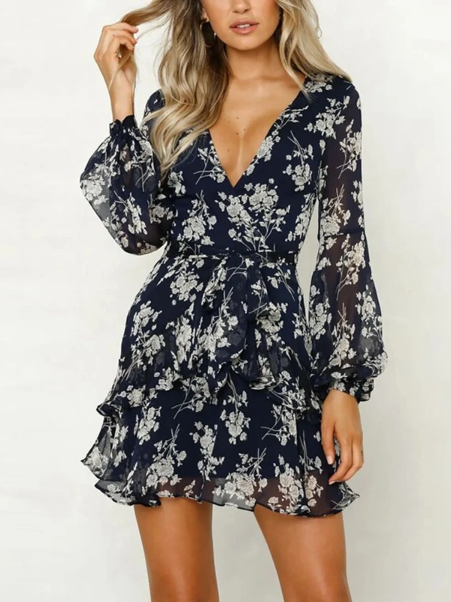 Robes femme soirée manches longues bohème imprimé robe en maille transparente coupe basse col en V à lacets ourlet robes courtes Ленее Пла coiе