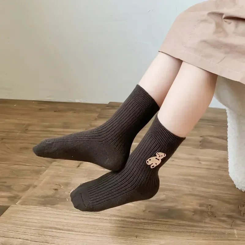 Autumn Winter Cotton Kids Socks Korean Retro Style Bear Embroidery Girls Boy Toddler Knitted Socks Warmth Tube Socks For 1-10Yrs