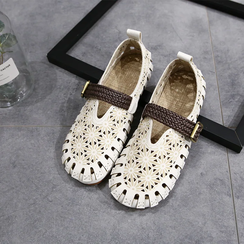 Retro Handmade Cotton Linen Hollow out Sandals Flat Bottom Women's Shoes Breathable Evening Wear Low Cut Casual Slip-On
