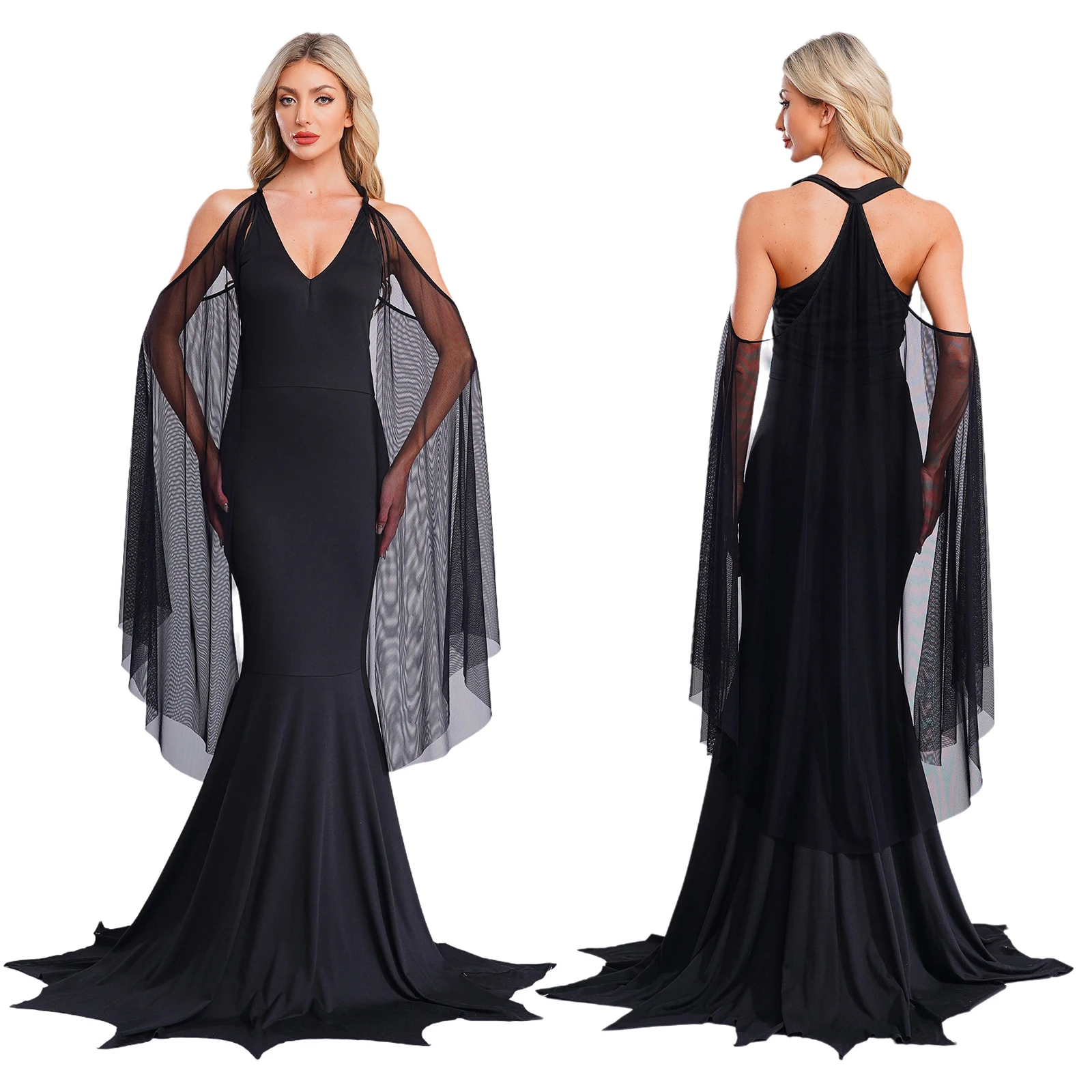 

Halloween Carnival Vampire Witch Devil Role Play Dress Adult Women Stylish Gothic Maxi Dress with Veil for Witch Cosplay Dress