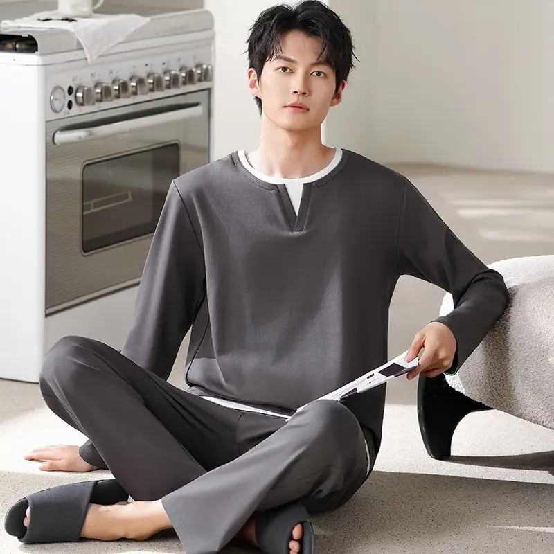 

Осень 2024, большие размеры, пижамные комплекты из 100% хлопка с длинными рукавами для мужчин, корейская свободная одежда для сна, костюм, пижама, мужская домашняя одежда, домашняя одежда