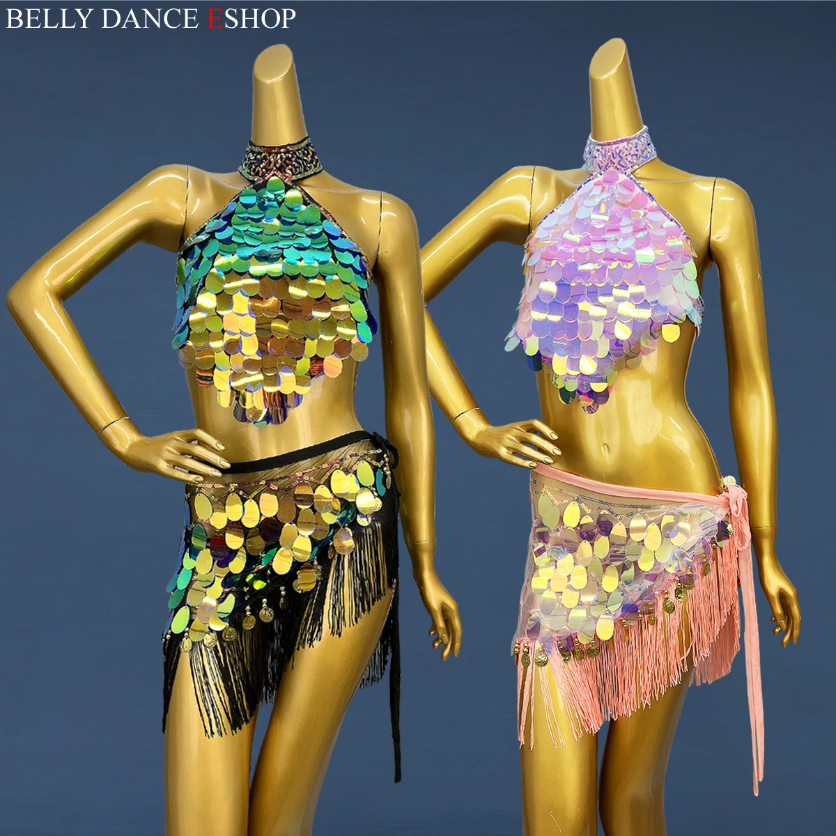 High Quality Summer Sexy Belly Dance Shinning Bra Big Sequin Tassel Outfits Carnival Party Stage Show Performance Rave Costume