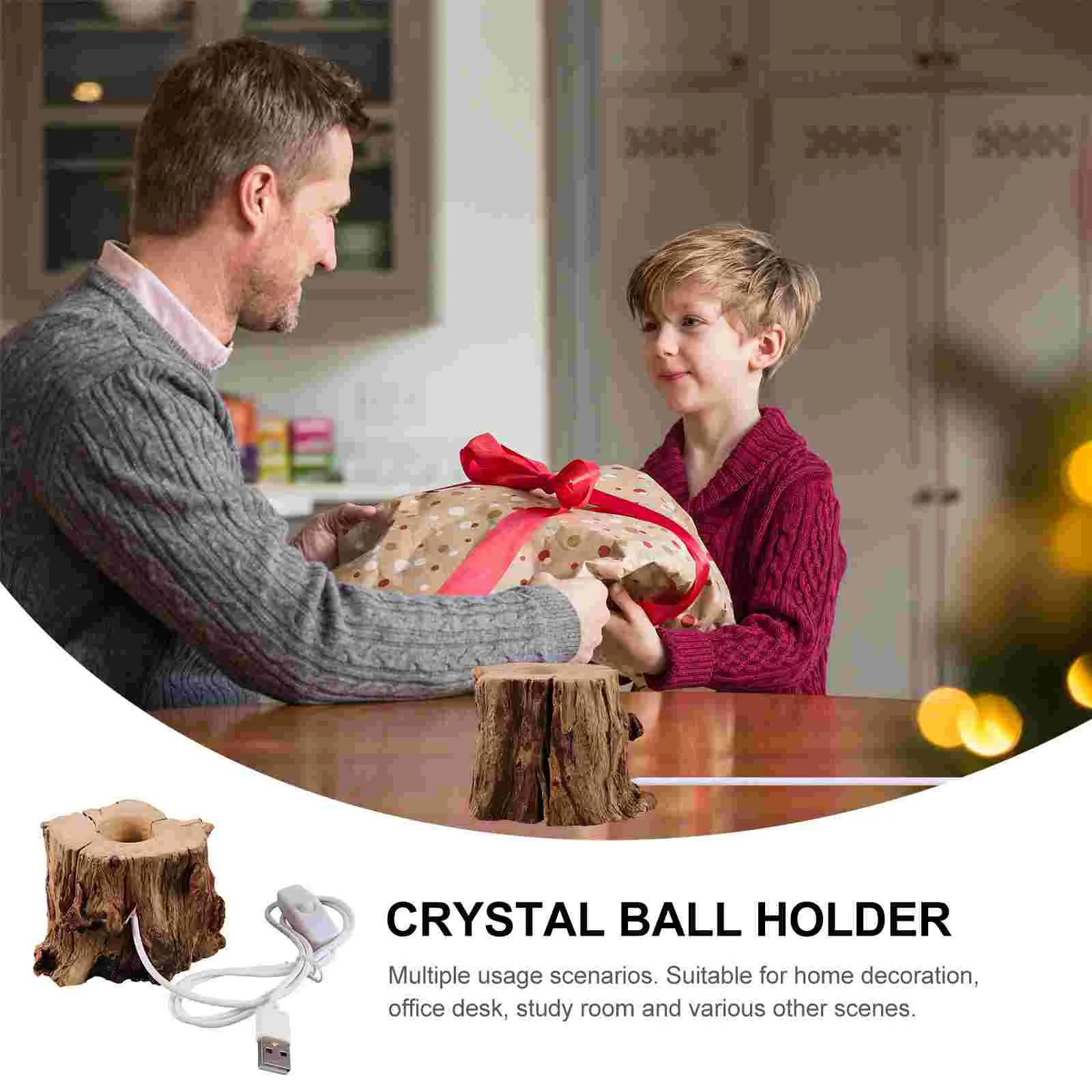 Base Crystal Ball Wooden Tree Stump LED Light Night Holder Ornaments Display Stand Office Table Lamps