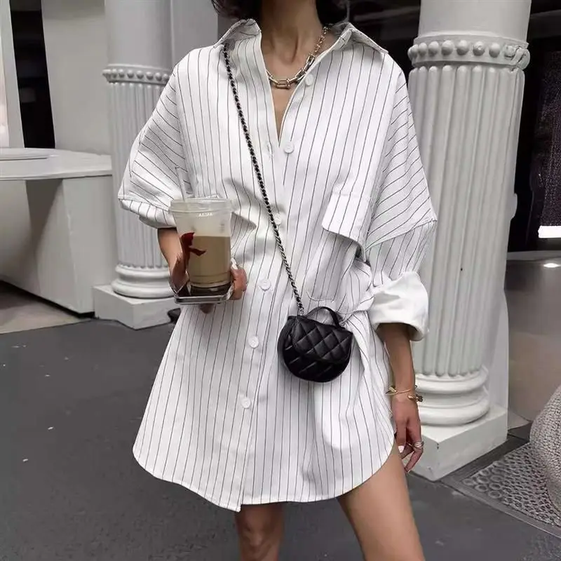 

Loose Women's Striped irt Long Sve Turn-down Collar Casual Sle Comfortable Fit Outerwear Faionable Autumn Coat