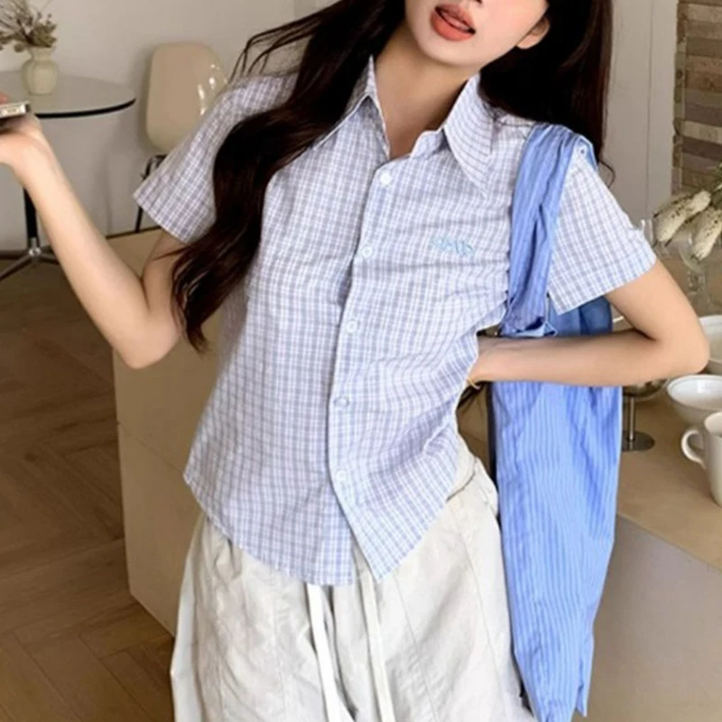 

Womens Light Blue Striped Short Sleeve Shirt Point Collar Button Down Casual Loose Fit Blouse