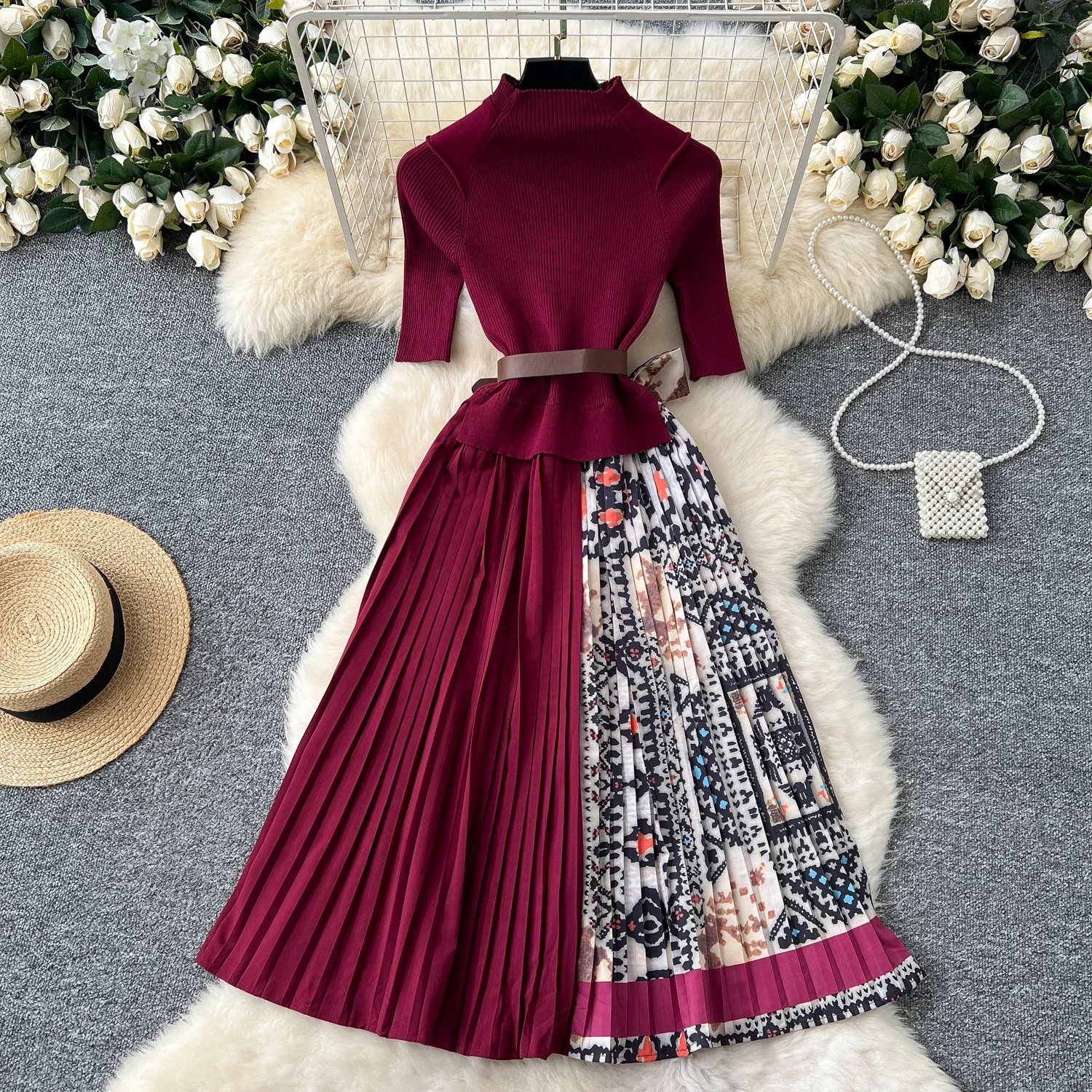 Elegant Half High Collar Vintage Half Sleeves Chic Knit Sashes Print Slim Pleated Dress French Women High Street Winter Clothing