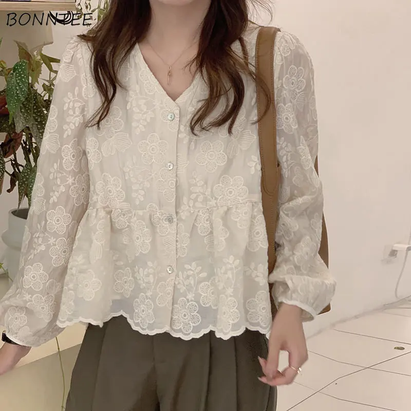 Autumn Shirts Women Elegant Aesthetic Preppy Fashion Loose Fit Floral Embroidery Design Long Sleeve Ladies Tops Casual All-match