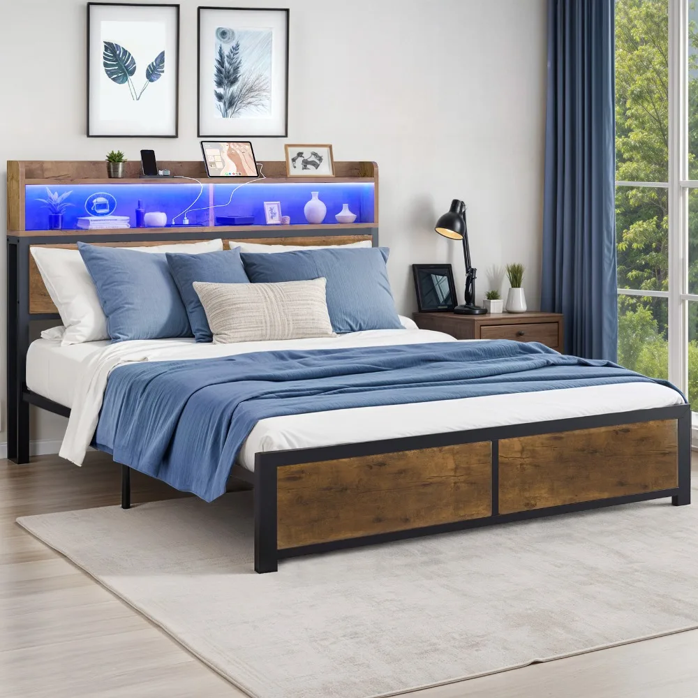 

King Size Bed Frame Wooden Headboard Storage w/
