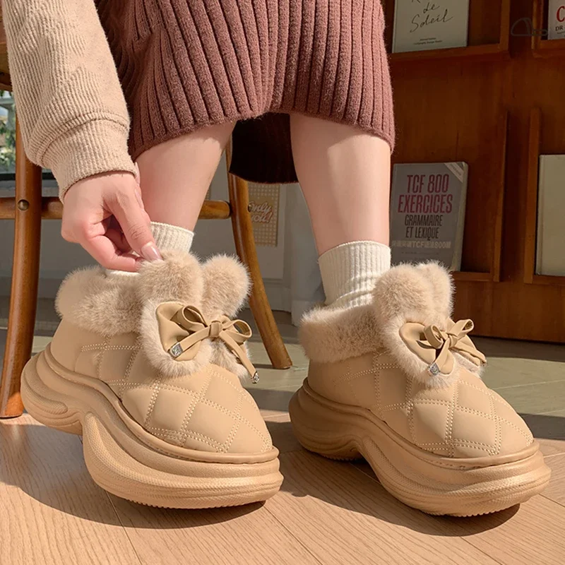 

Sweet Bowknot Furry Indoor Slippers Women 2025 Winter Soft Thick Bottom Fluffy Fur Home Slippers Warm Plush Platform Slides