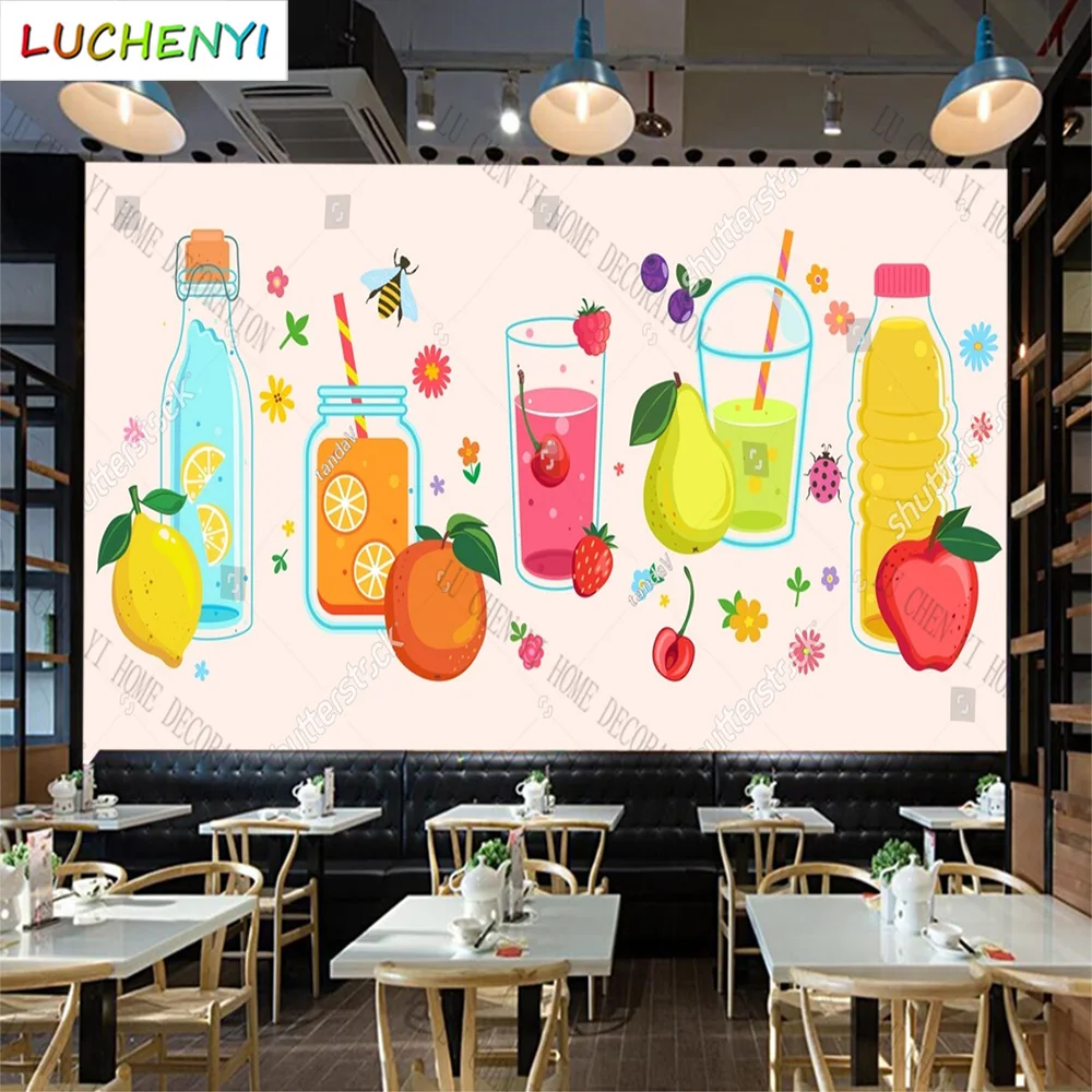 Custom fruit tea juice mural wallpaper restaurant cold drinking shop dining room wall papers home decor sticker