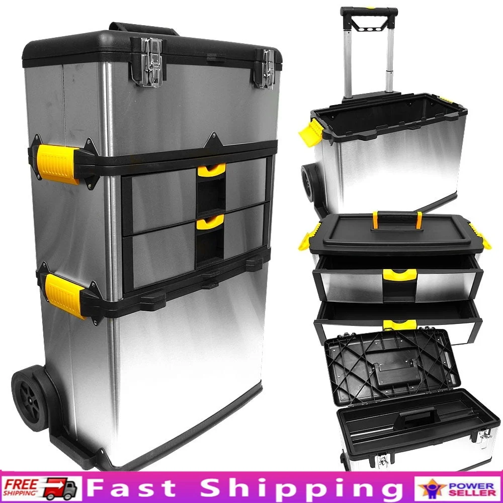 Mobile 3-Part Tool Box Stainless Steel Rolling Storage Chest with Removable Tray 2-Drawer Compartment and Large Storage Box