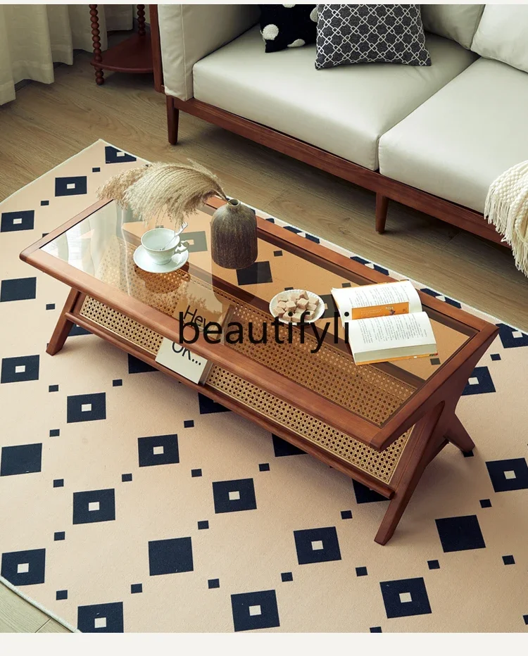 French retro coffee table solid wood rattan dining table dual-purpose glass rectangular simple modern small apartment