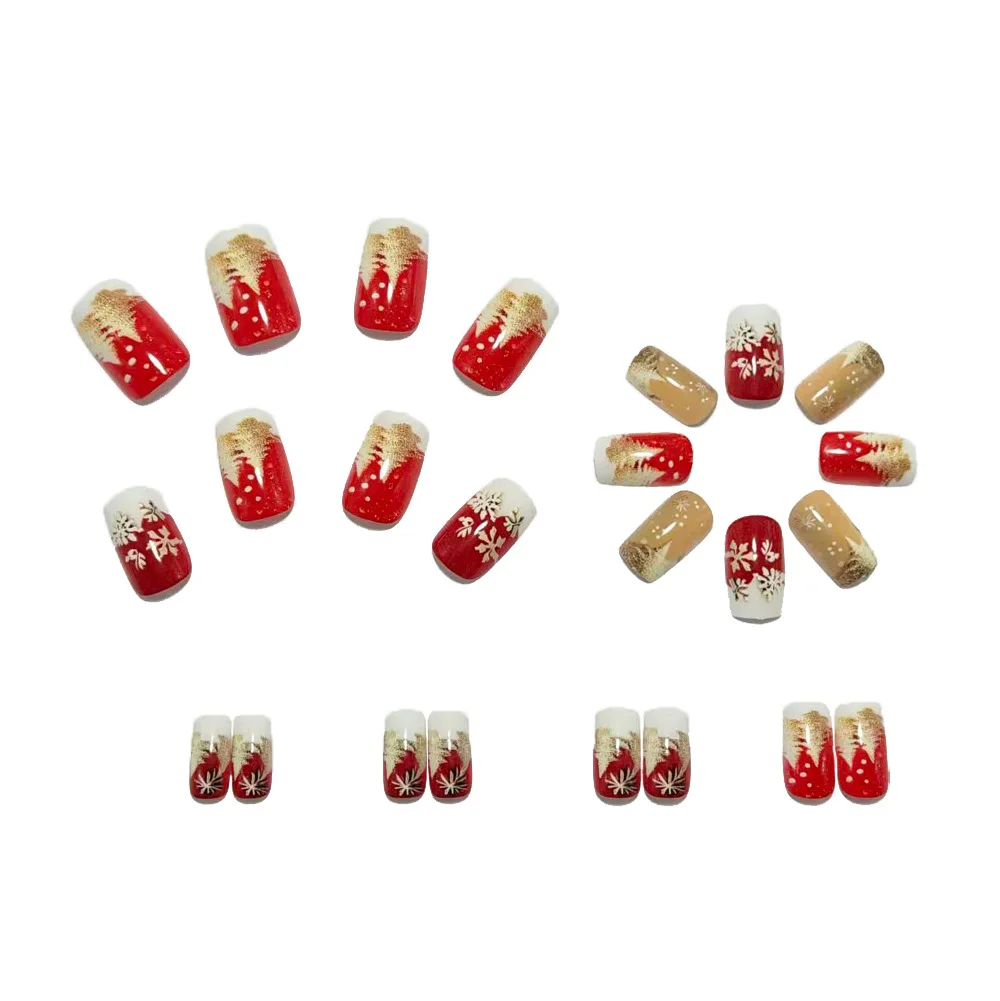 Imprensa de floco de neve de natal em unhas 24 peças unhas falsas de ouro vermelho para festa de férias unhas festivas femininas