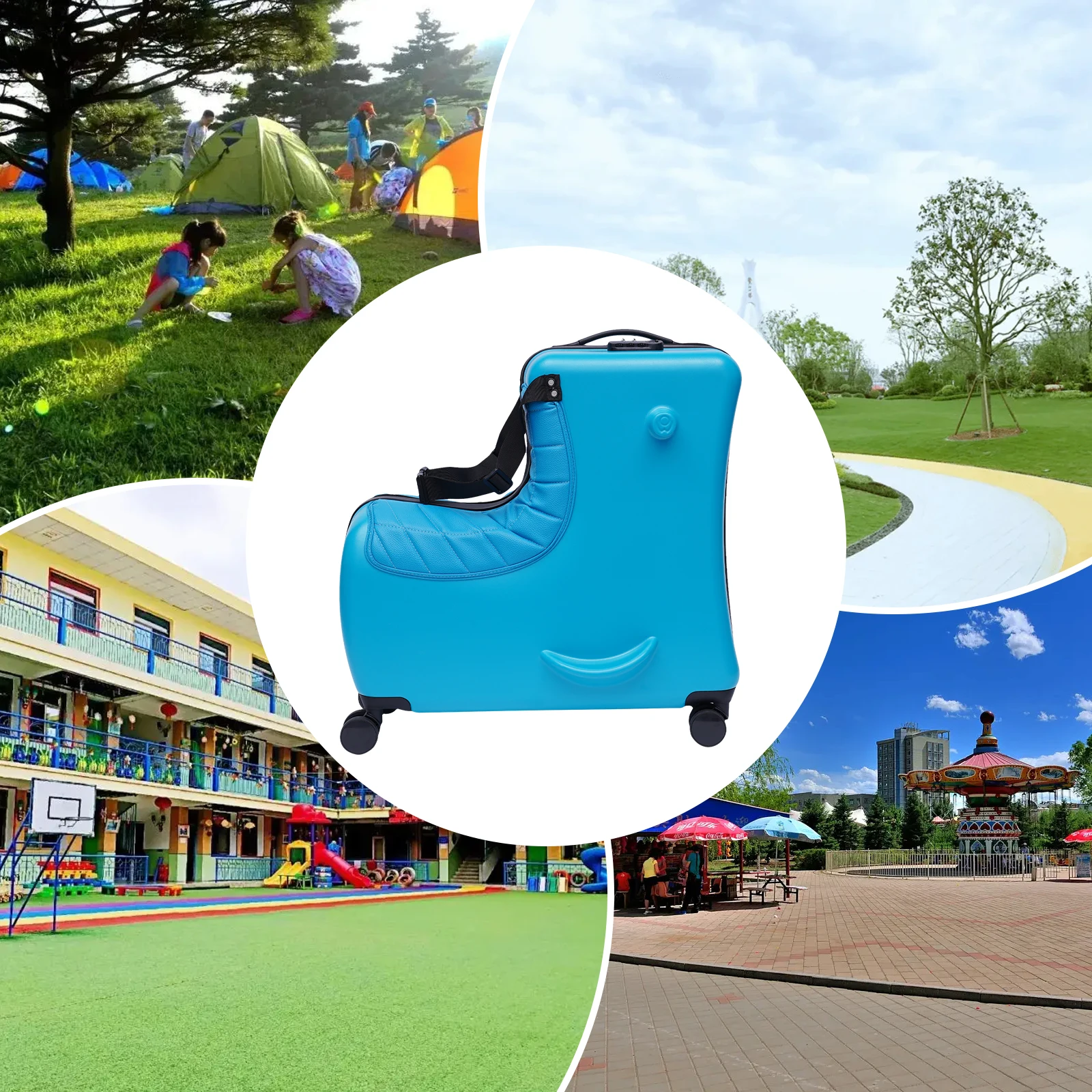 Portable Children's Travel Trolley Case Ride-On Luggage with Adjustable Trolley Bar,  Wheels, and Cartoon Stickers for Easy