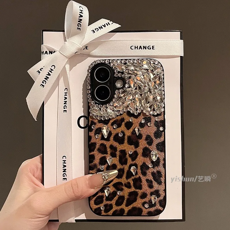 New Suitable for iPhone 16Plus Phone Case 15promax Brown Leopard Print 14pro Rhinestone 13 All Inclusive 12 11 Protective Cover