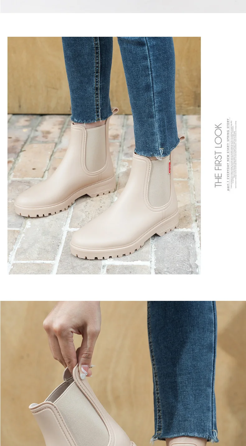Modische Damen Kurze Rutschfeste Regenstiefel Chelsea Wasserdichte Schuhe Einfarbige Vielseitige Wasserstiefel für Frauen – Detail 11
