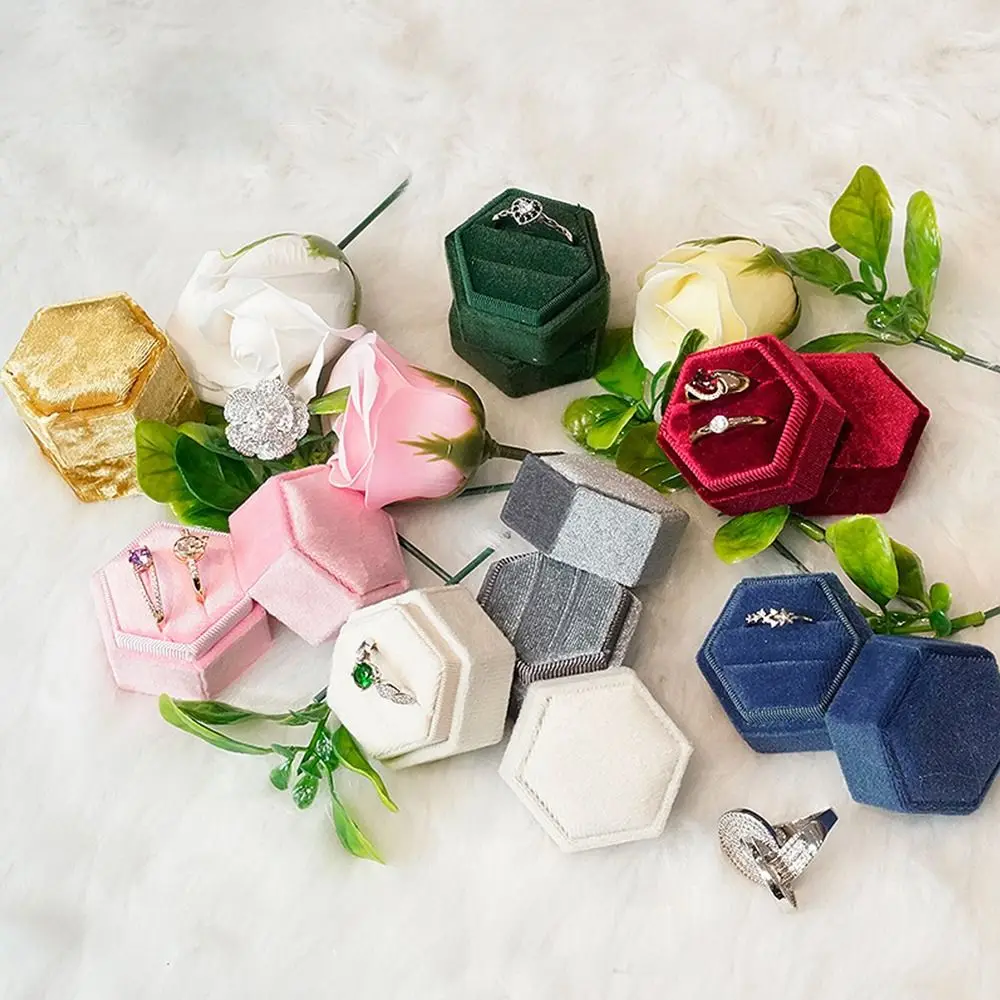 Velvet Hexagon Shape Jewelry Box Double Ring Storage Box Woman Gift Earrings Package Case Wedding Ring Display Box