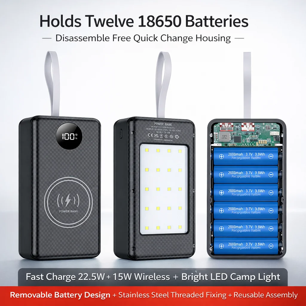 DIY 12×18650 Power Bank Case 22.5W Fast Charging PD QC3.0 15W Wireless Charger with LED Camping Light  Battery Not Included