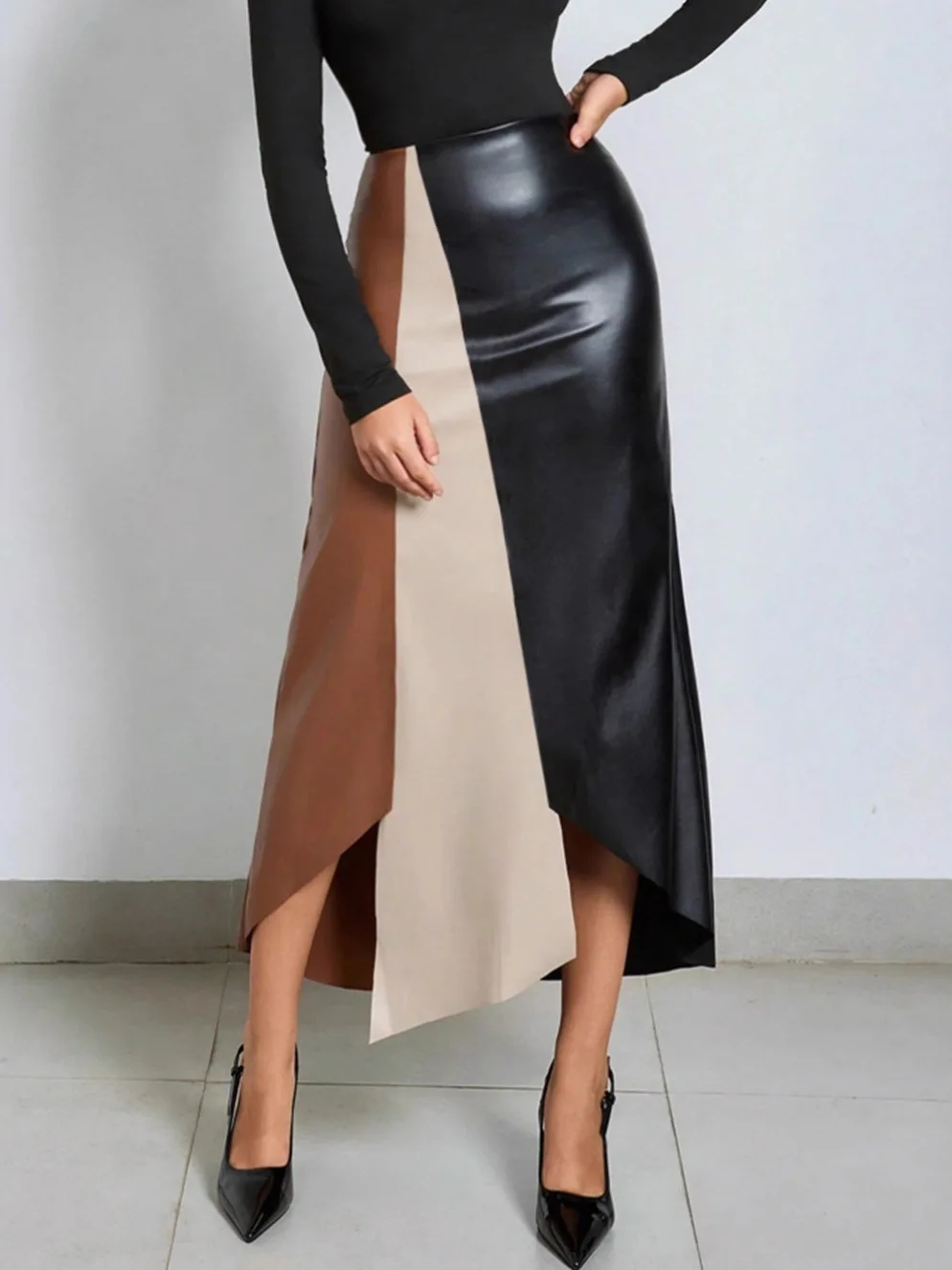 High Waist PU Leather Skirt Color Block Slim Fit Long Half Body Skirt Women's Citywalk Fashion High Waist Patchwork Skirt
