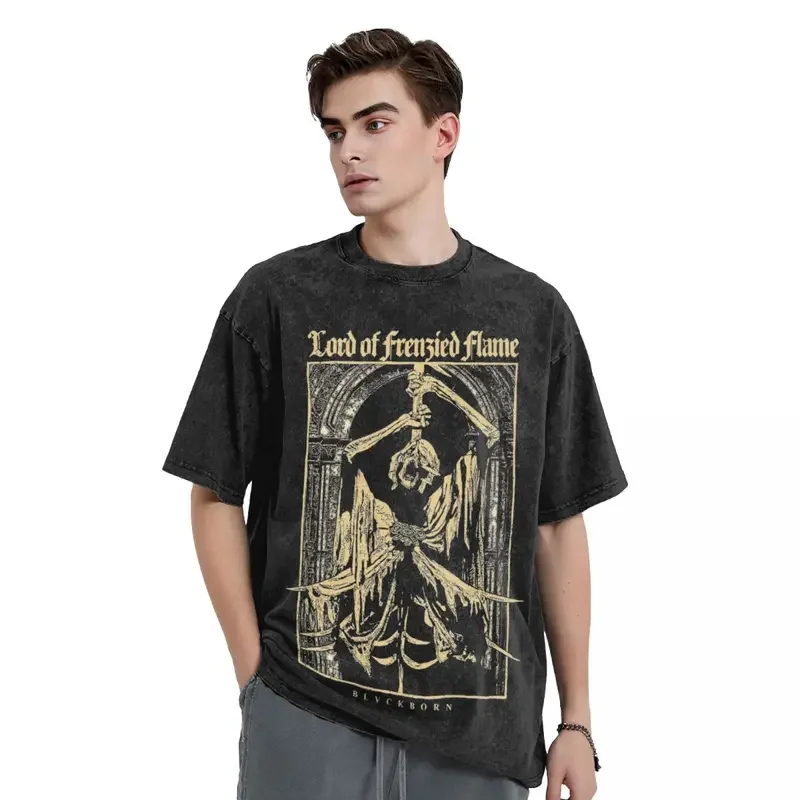 Washed T Shirt Eldened Ringed Lord Of Frenzied Flame Hip Hop T-Shirts Oversize Streetwear Cotton Tops Tee Shirt Men Women