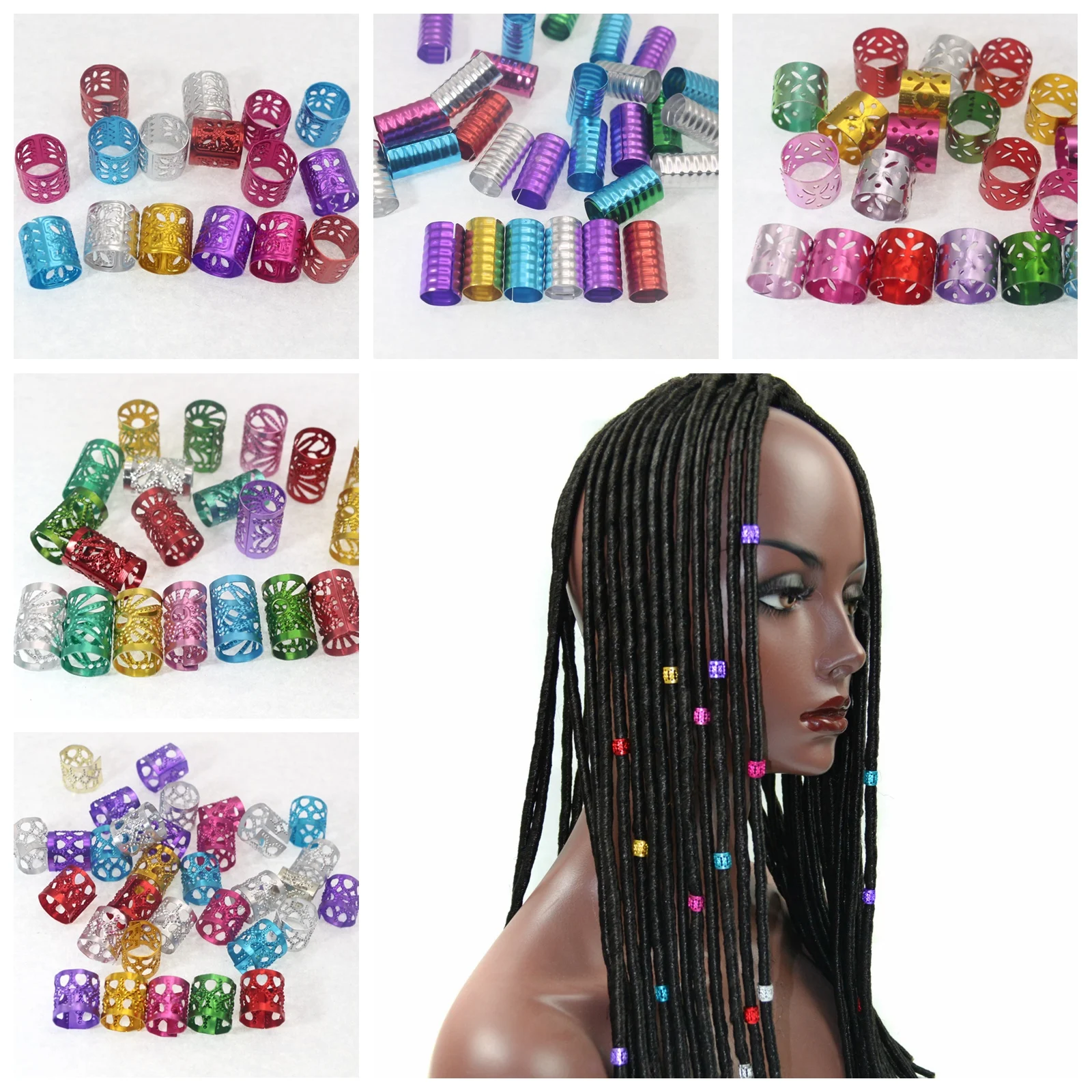 50 Mixed Color Dreadlock Beads Adjustable Hair Braid Rings Cuff Clips Tube