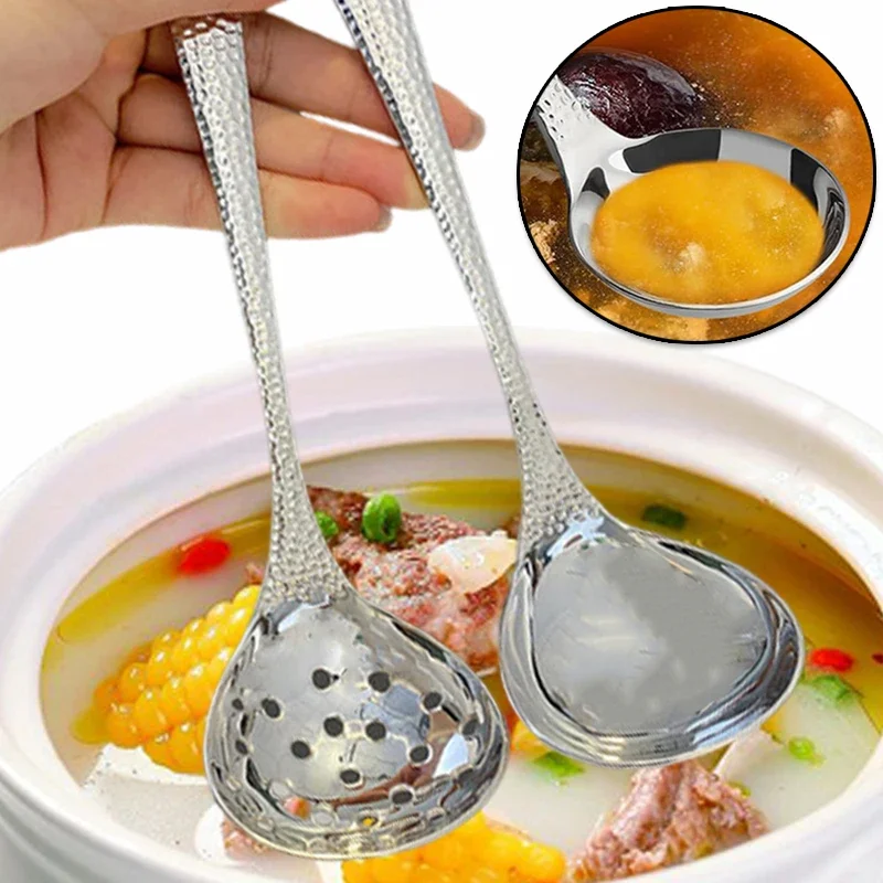 Cuchara de sopa de acero inoxidable, cucharón para salsa, cuchara para espumadera con agujeros, cuchara de gran capacidad, cucharones de arroz pulidos con espejo, herramientas de cocina