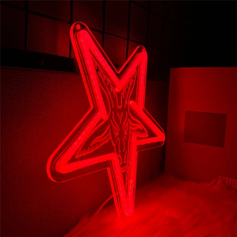 โคมไฟติดผนังแบบโกธิค ABPQ-Baphomet สีนีออน ดีไซน์รูปดาวห้าแฉกสามมิติและแบบคว่ำ ตกแต่งผนังบ้าน