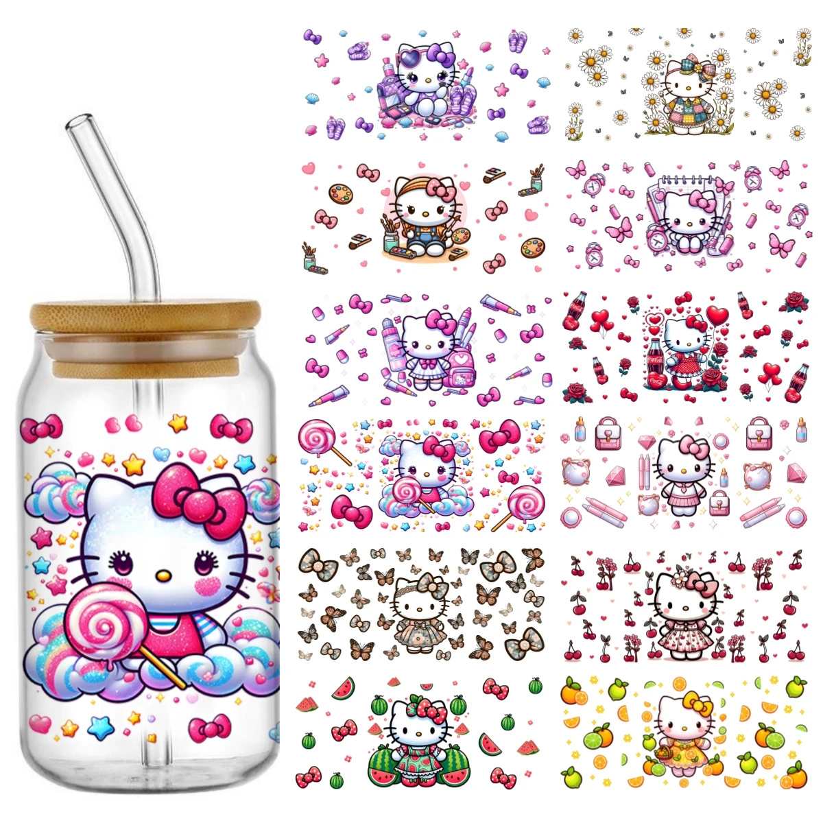 

Hello Kitty Multiple designs Sticker 16OZ UV DTF Cup Wraps Transfers Stickers For 16oz Glass Libbey Waterproof DIY Labels