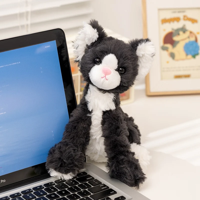 Poupée Devon Rex assise noire de 25cm, oreiller en peluche de chat à longues jambes, Animal de dessin animé doux, peluche réconfortante, cadeau d'anniversaire