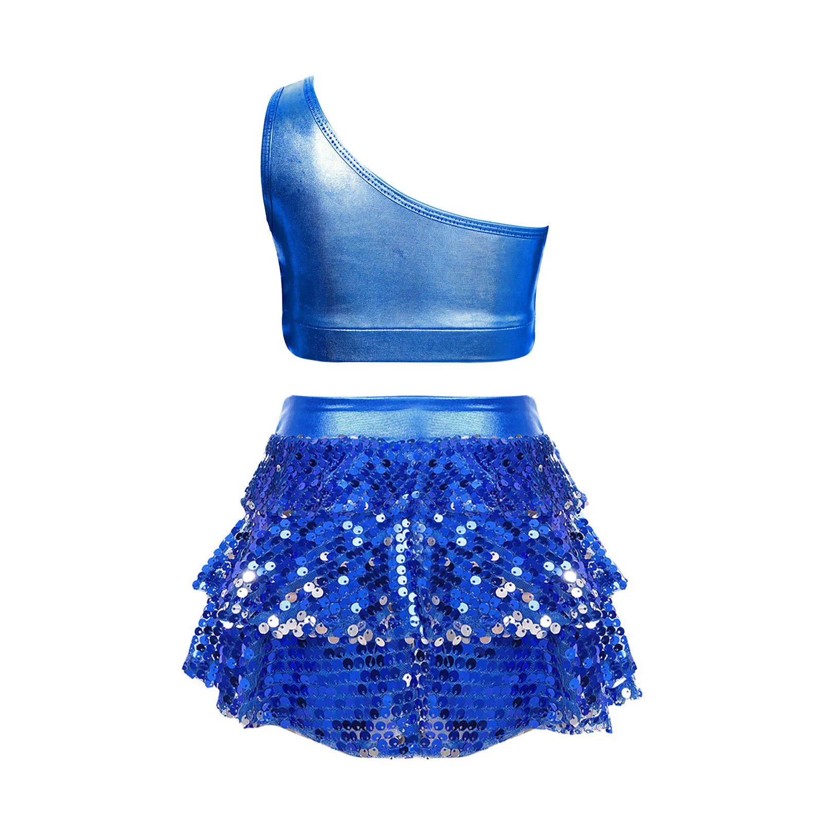 Kids Girls Sequins Hip Hop Jazz Dance Costume Tiered Ruffles One Shoulder Crop Top Vest with Pantskirt Set Performance Outfit