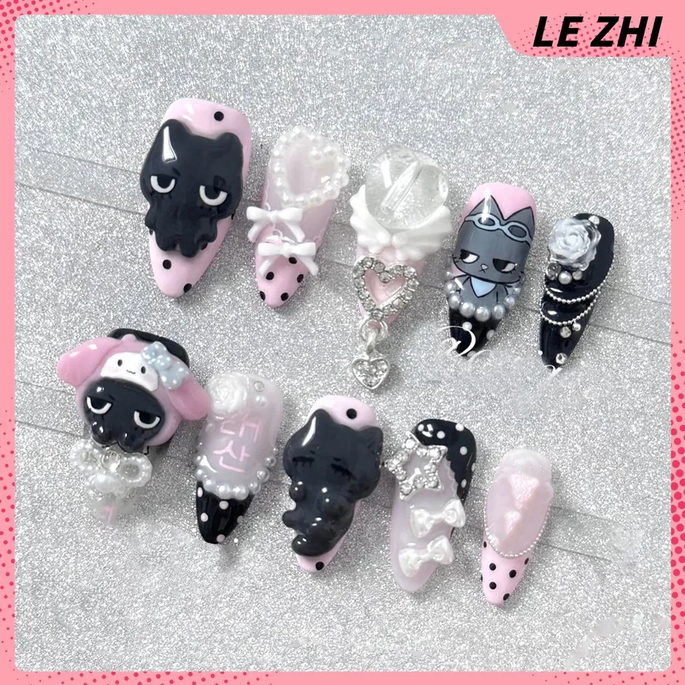 3D Kawaii Hand-Carved Rilakkuma Press On Nails Art Cartoon Animal Rabbit Monkey Cat Sweet Strawberries Fake Nail Gift view 5