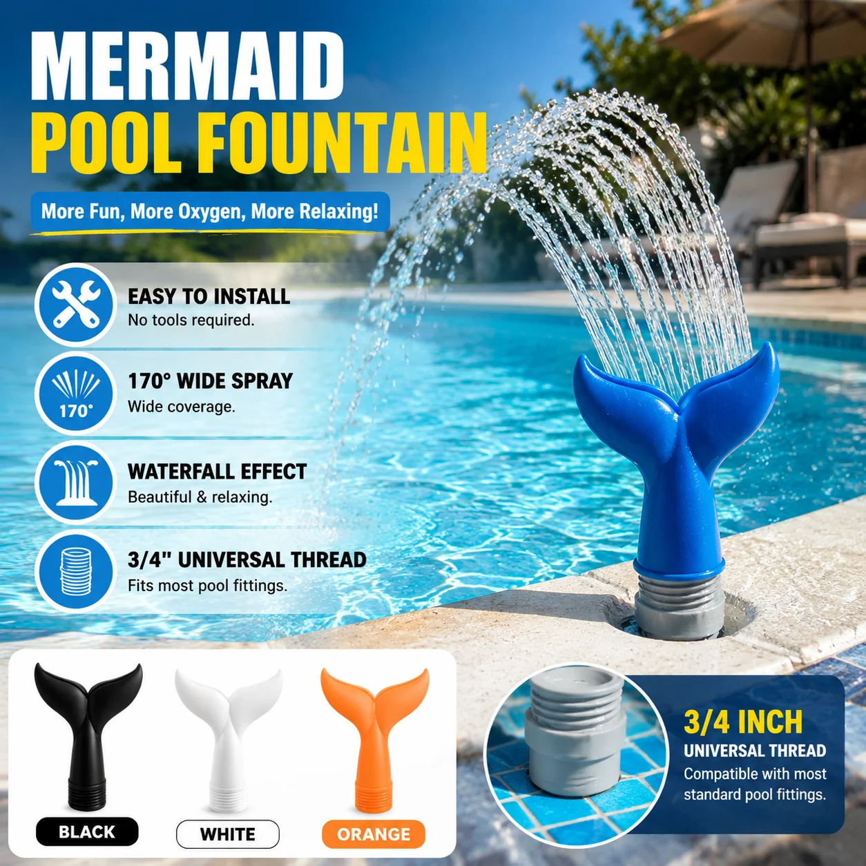 Mermaid Tail Pool Fountain 3/4in Universal Thread 170 Degree Wide Spray Waterfall Effect Easy Install Pool Water Feature Decor