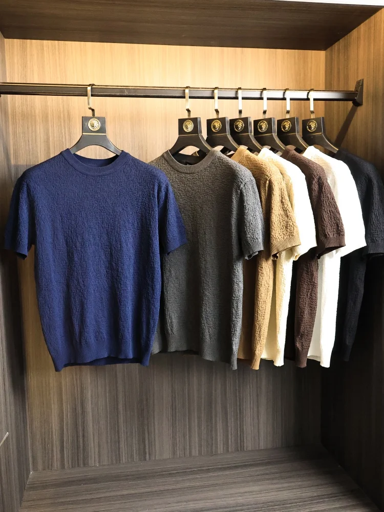 High-End Texture Knitted round Neck Short Sleeve Men's Fashionable Summer Sweater Breathable Comfortable Soft Knitwear