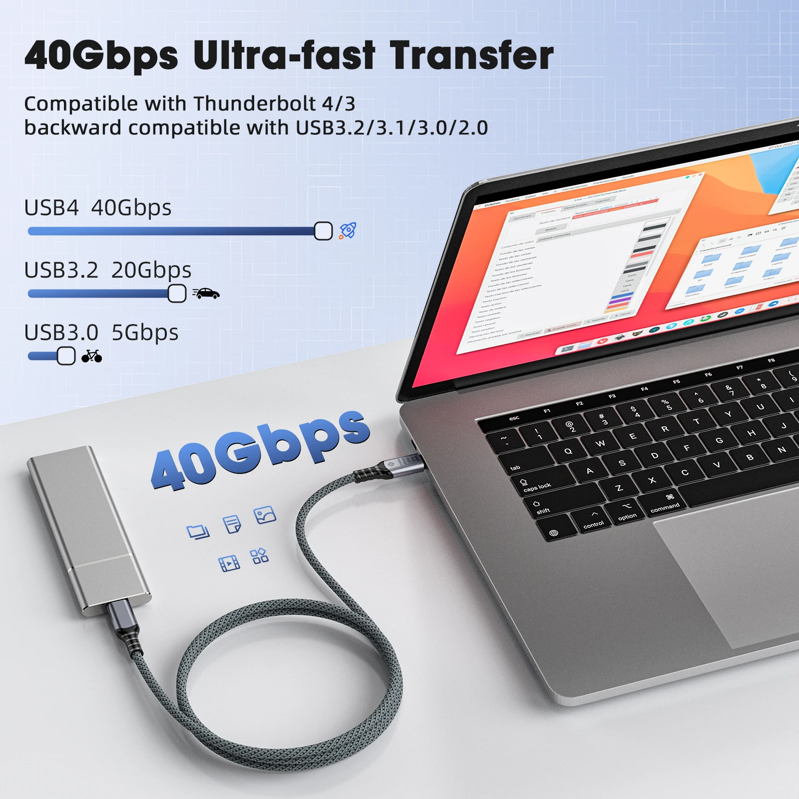 Kabel przedłużający USB4 do transmisji danych, 40 Gb/s, szybki, zasilanie 240 W, obsługa wideo 8K HD, kompatybilny z Thunderbolt 4, pełna funkcjonalność. — zdjęcie produktu 2