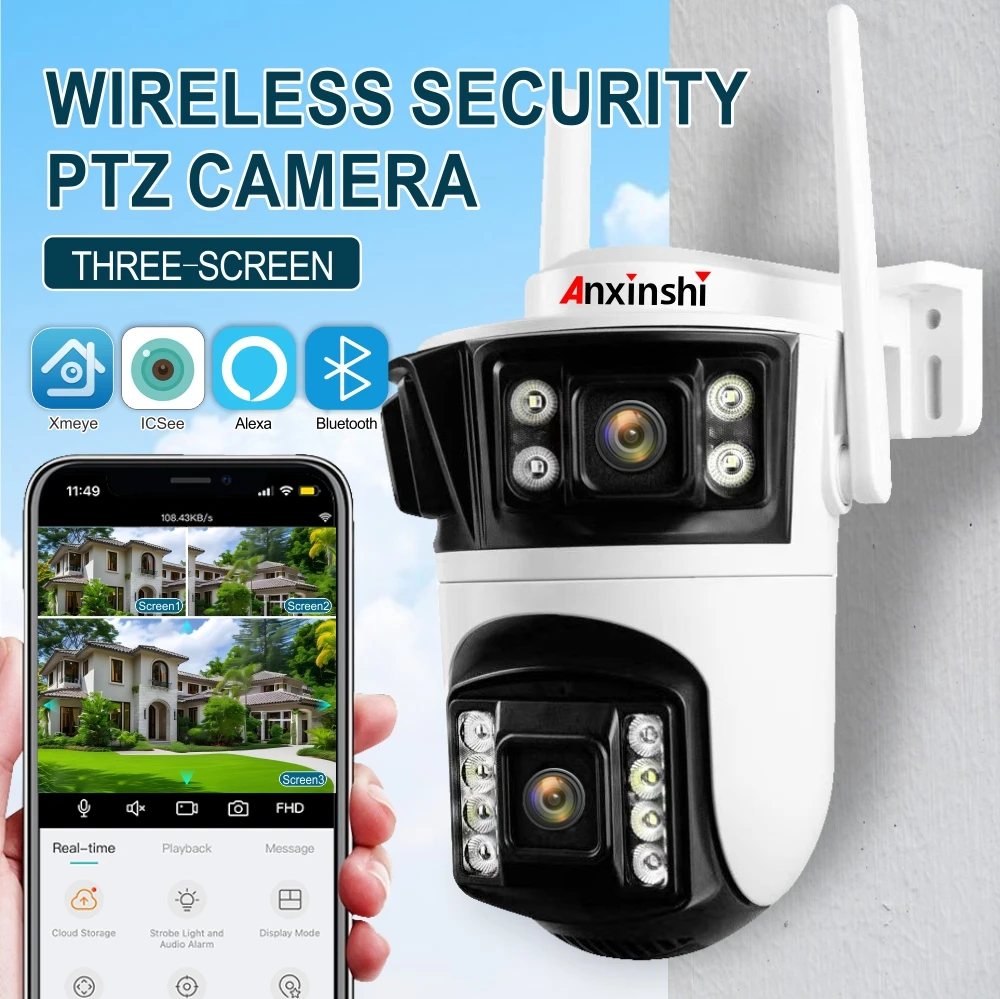 Anxinshi 3 Lens 8MP PTZ IP Camera Outdoor 3 Screen WiFi Security Cam ICSee Motion Detection Two Way Audio 4K CCTV DVR