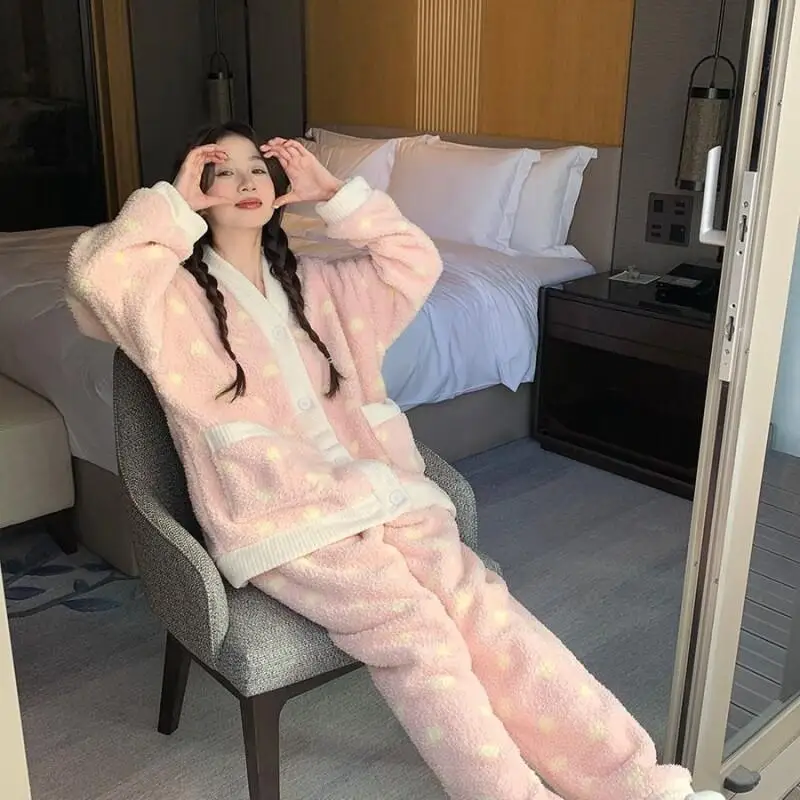 

Women's Cotton Pajama Set Fleece Lined Winter Warm Sleepwear Cozy Comfortable Solid Color Loungewear Homewear Nightwear