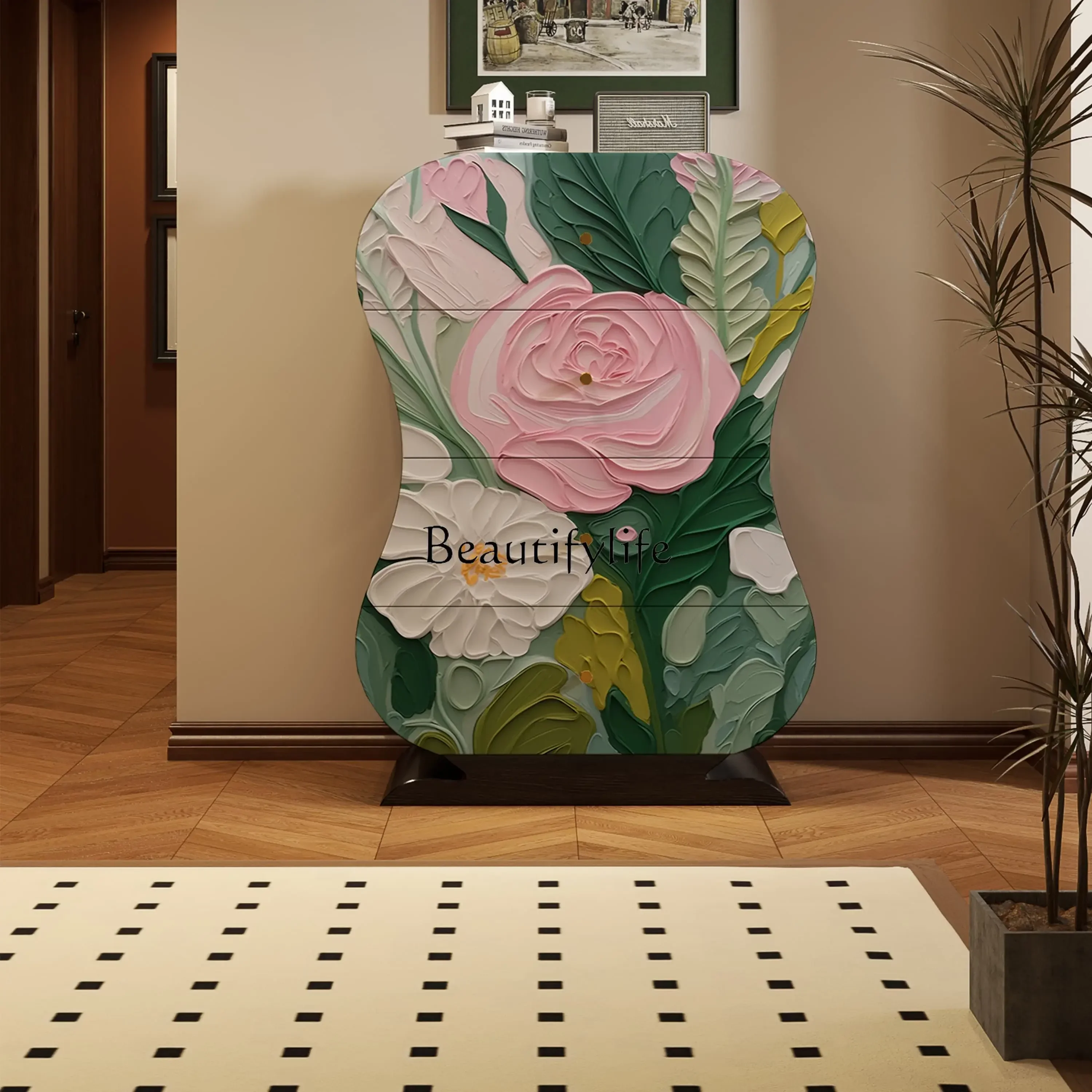 

88..Chinese-style pattern household painted solid wood porch cabinet, living room integrated storage cabinet against the wall