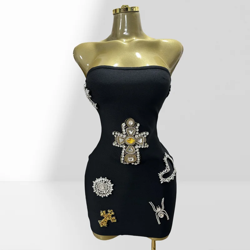 

2025 Summer Luxury Diamonds Cross Strapless Sheath Black Bandage Mini Dress Fashion Woman Party Dress Music Festival Outfit