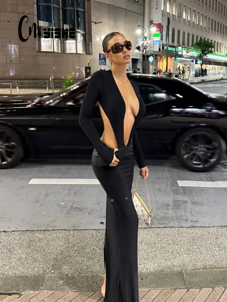 

CNYISHE Backless Sexy Club Party Women Dresses Long Sleeve Deep V Neck Fsshion Skinny Chic Hot Girl Hollow Out Female Outfits