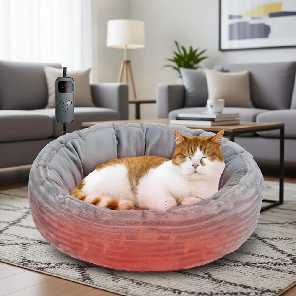 

Heated Cat Bed for Indoor Cats, 20'' Electric Pet Warming Bed, Washable Calming Round Donut Bed with Heating Pad, Indoor Use