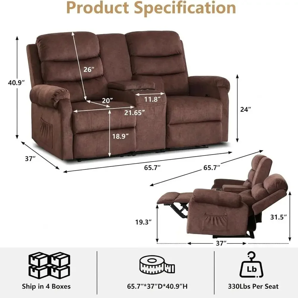 Reclining Sofa Loveseat with Cup Holders, Large Storage, Manual Recliner for RV, Living Room, Home Theater (Brown, No LED)