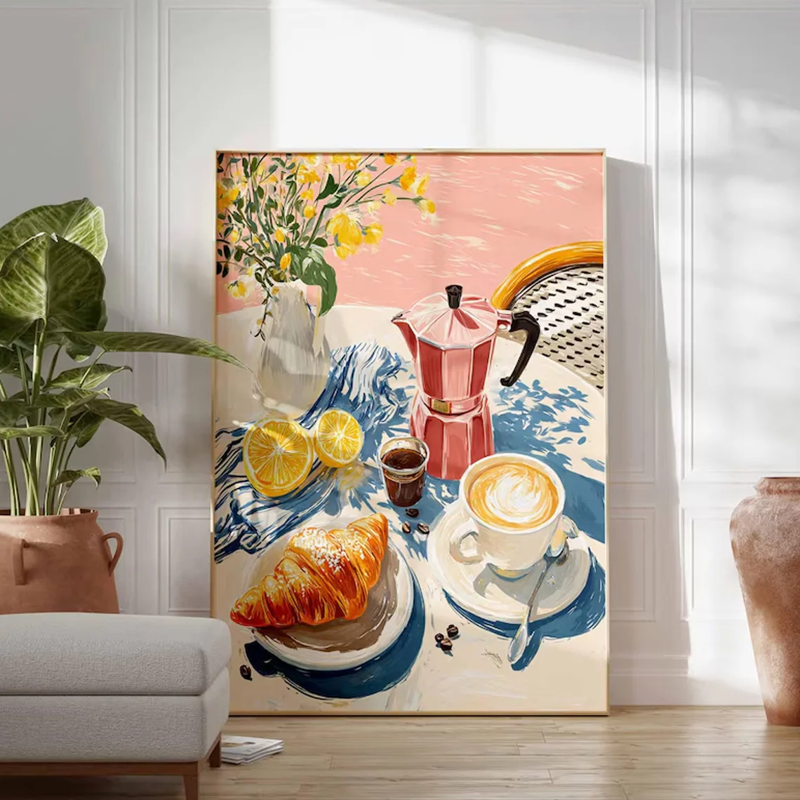 French-style Cafe Breakfast Wall Painting Coffee Croissant Oil Painting Modern Simple Kitchen Restaurant and Cafe Decoration