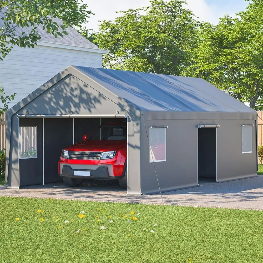 

13x26 T Heavy Duty Carport , Portable Garage Shelter with Dual Roll-Up Do, Side Door, Removable Sidewalls & 180G Waterproo PE Co