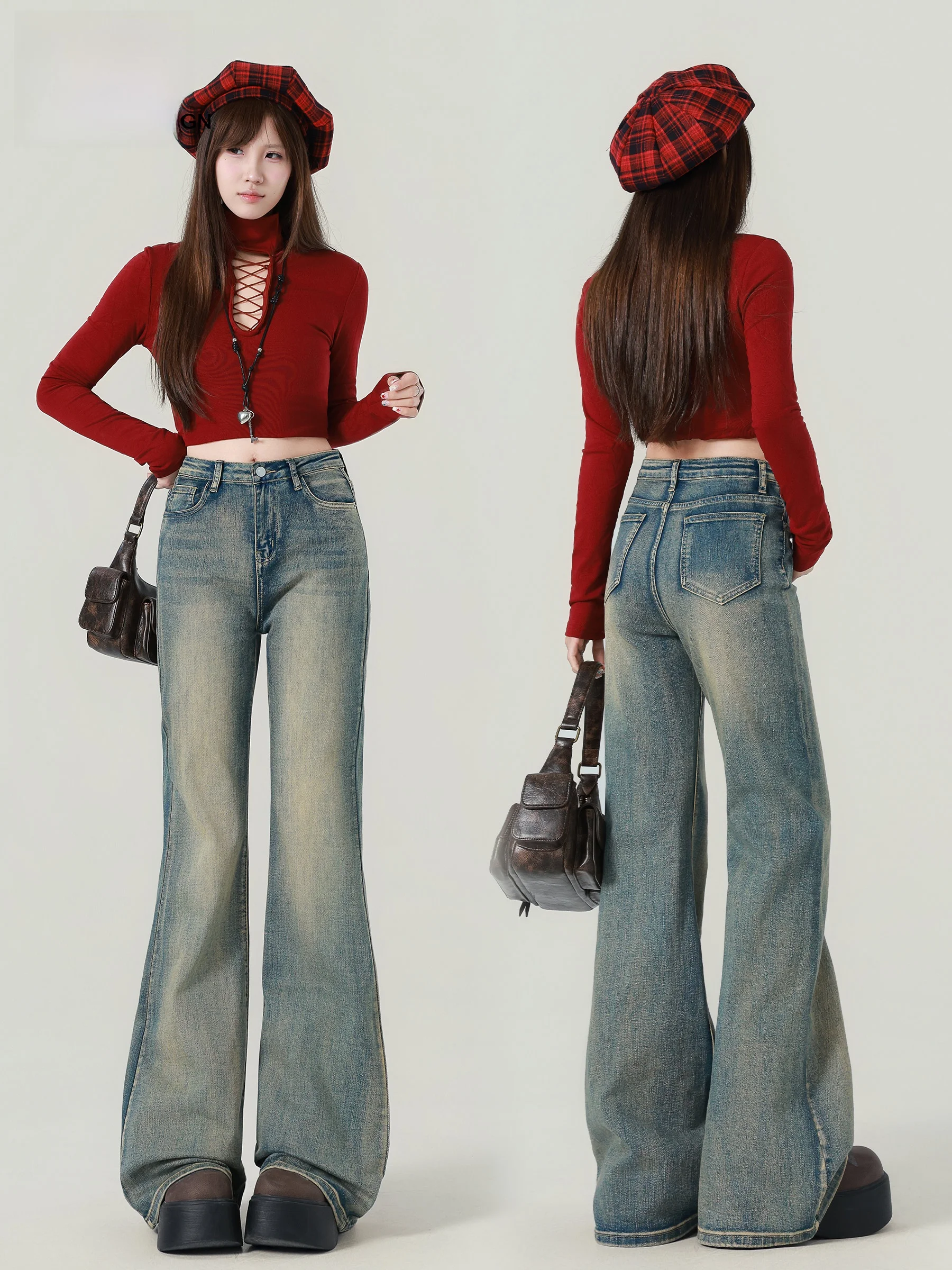 

American Style Retro High Waist Bell Bottom Jeans Women Early Autumn New Slimming Elastic Hoof Pants Casual Style Butto...